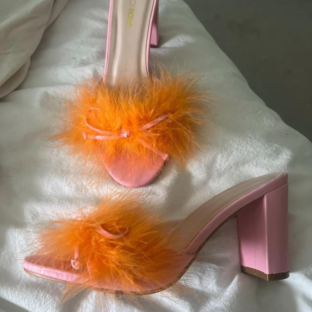 Barbie Core Pink & Orange Feather Heels, Heeled Mule Sandal Faux Fur Y2K Sandals